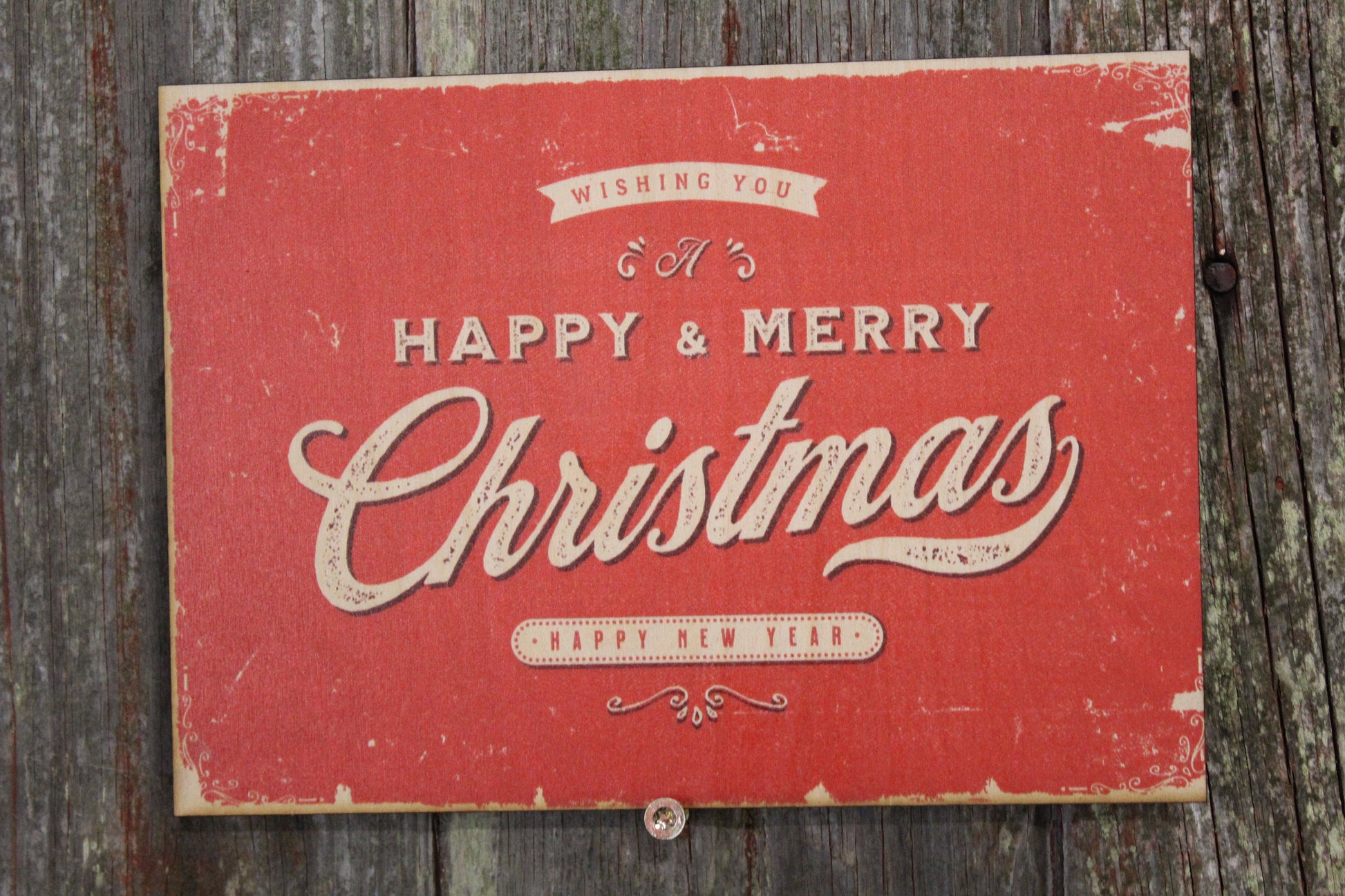 Happy and Merry Christmas Vintage Red Holidays Retro New Year Rustic Chic Boho Primitive Wooden Winter Decor Plaque Wood Print