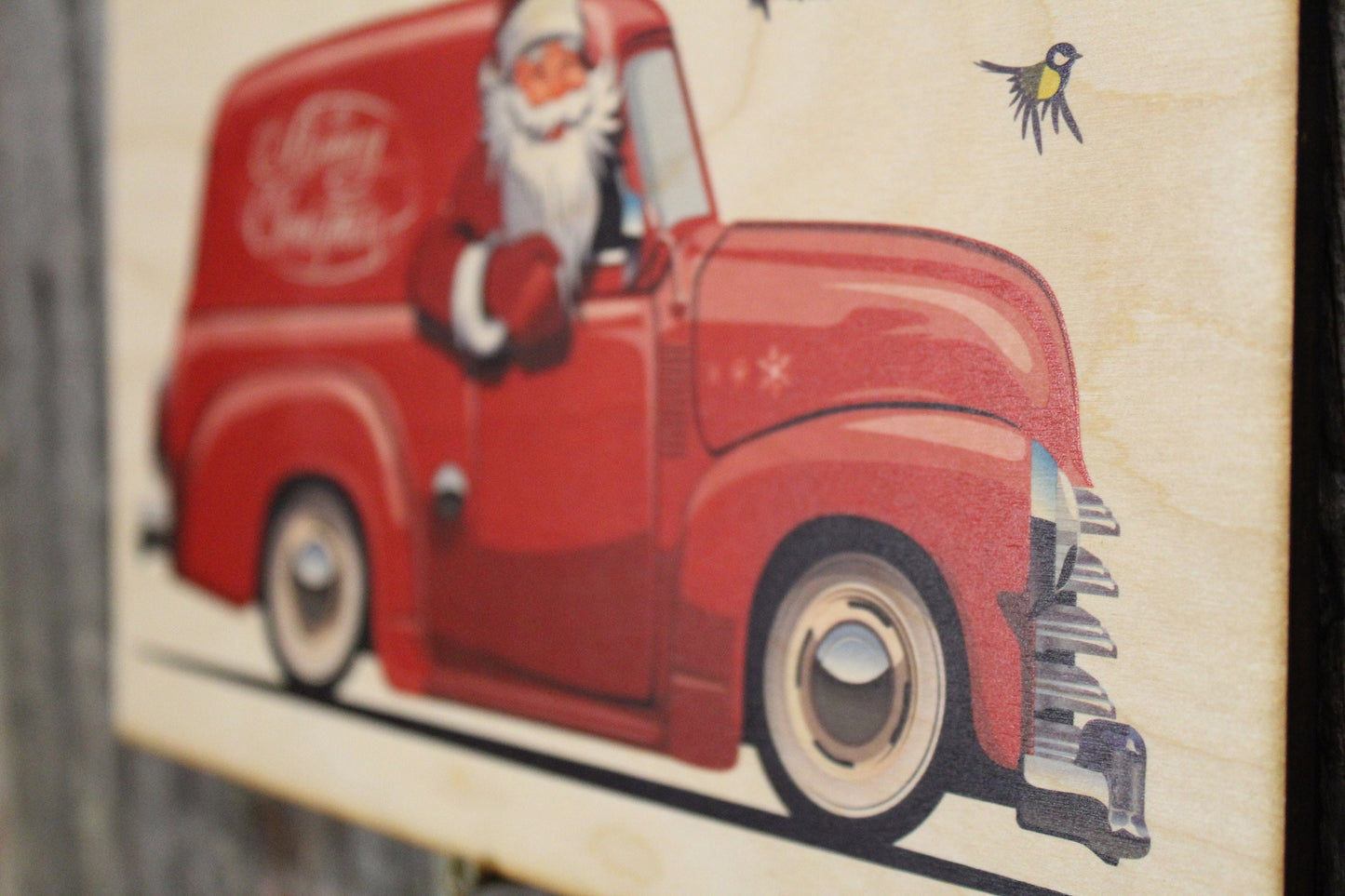 Santa in a Panel Truck Vintage Retro Merry Christmas Rustic Wooden Sign Wall Decor Art Plaque Wood Print