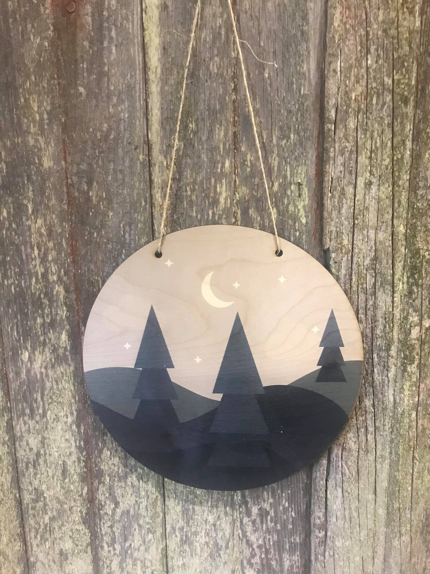 Night Time Dark Moon Pine Trees Sign Round Scenic Wood Mountains Sky Wall Hanger Decor Plaque Wall Art Color Wood Print