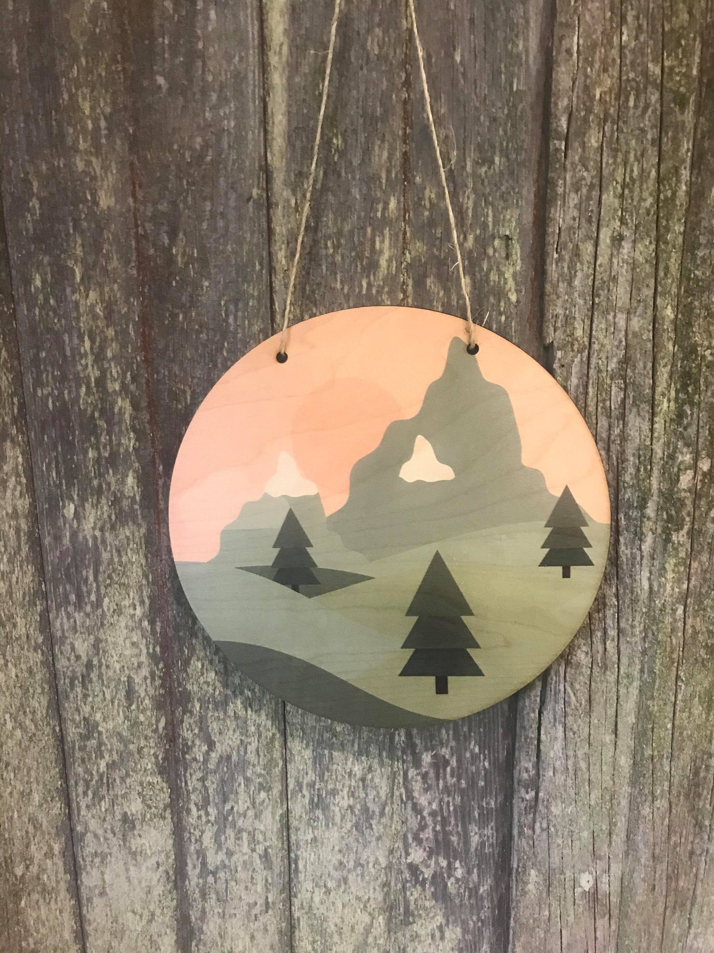 Pine Trees Mountain Sign Round Scenic Wood Sunshine Sky Wall Hanger Nursery Decor Plaque Wall Art Color Wood Print