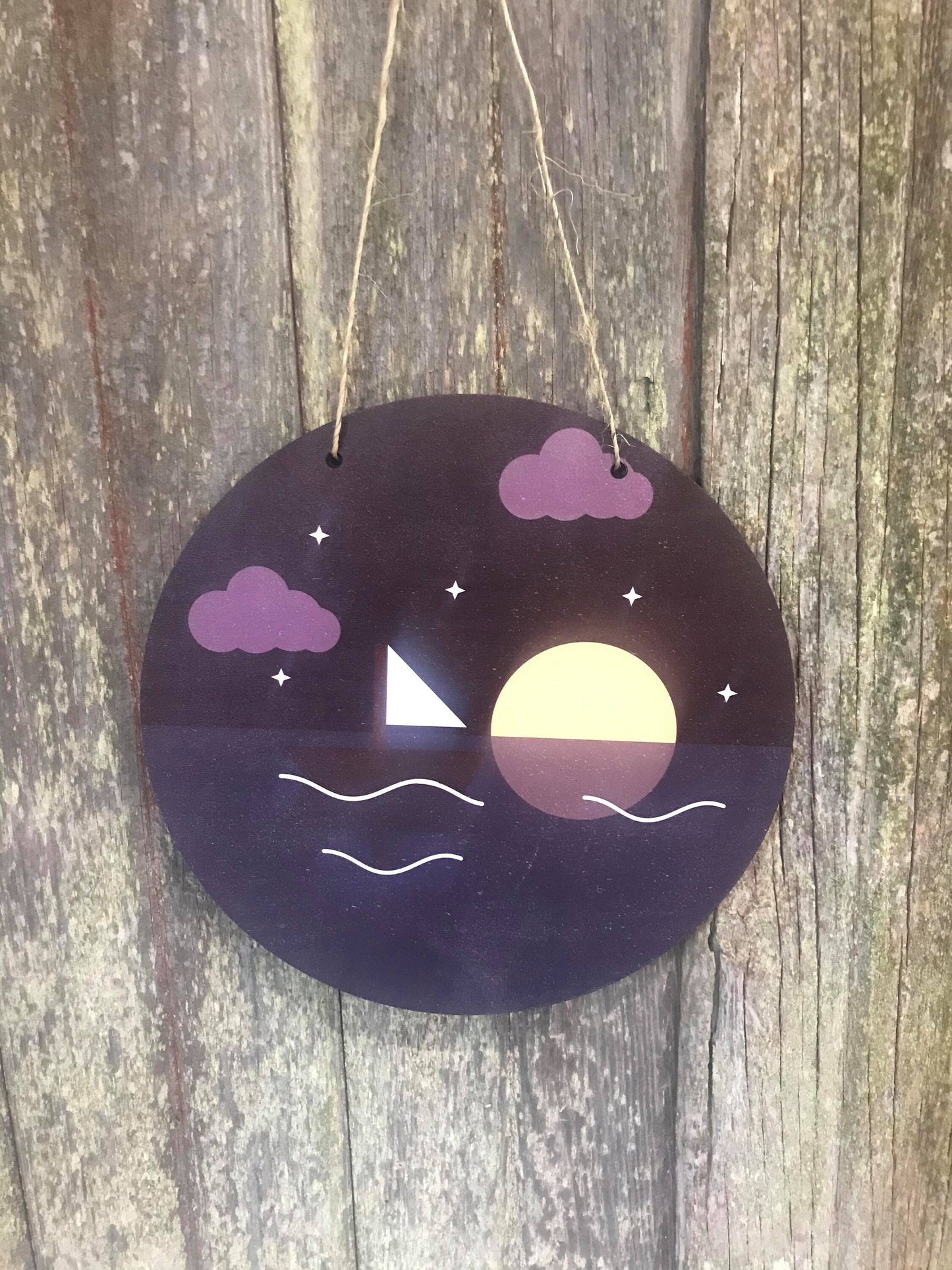 Ocean Purple Night Time Sign Round Sailboat Scenic Beach Water Wood Sky Wall Hanger Nursery Decor Plaque Wall Art Color Wood Print