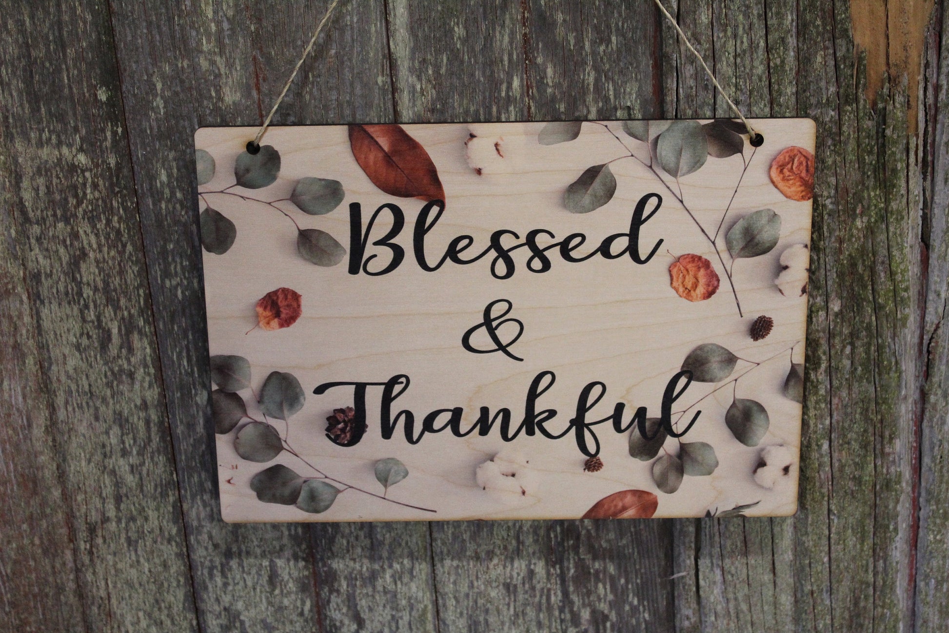 Blessed and Thankful Blessed & Thankful Autumn Leaves Fall Color Rustic Wooden Sign Wall Decor Art Plaque Wood Print