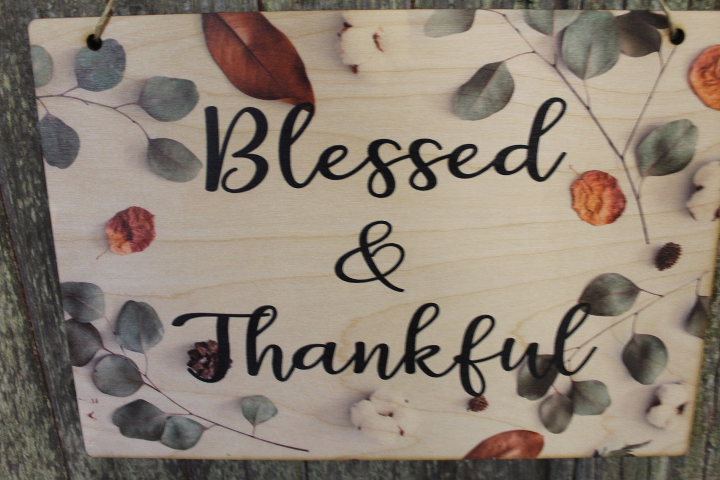 Blessed and Thankful Blessed & Thankful Autumn Leaves Fall Color Rustic Wooden Sign Wall Decor Art Plaque Wood Print