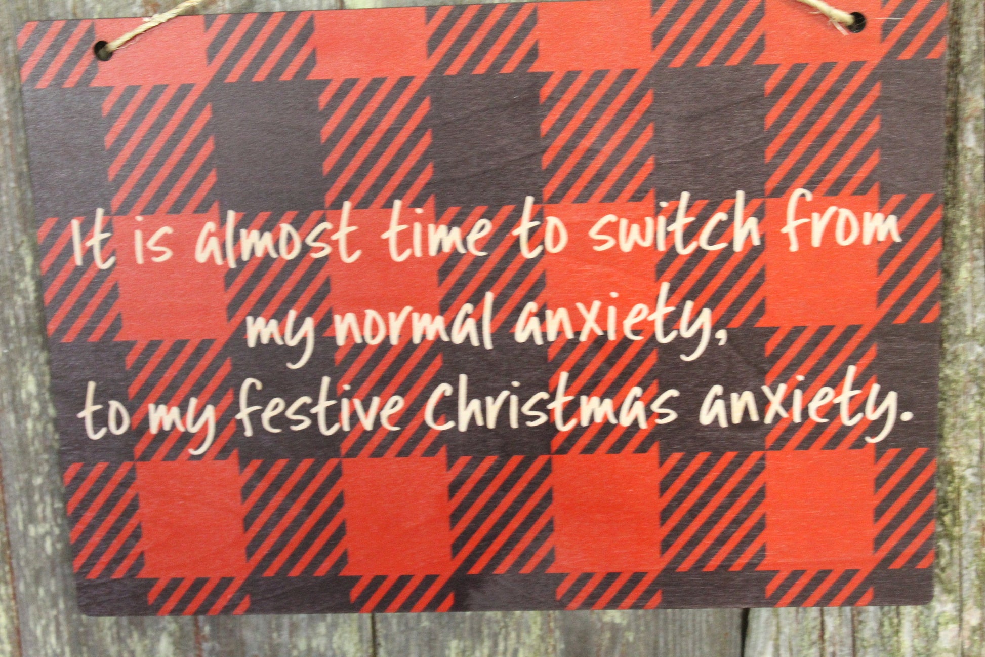 Christmas Anxiety Sign Funny Festive Hostess Gift Buffalo Plaid Rustic Wooden Wall Decor Art Plaque Wood Print