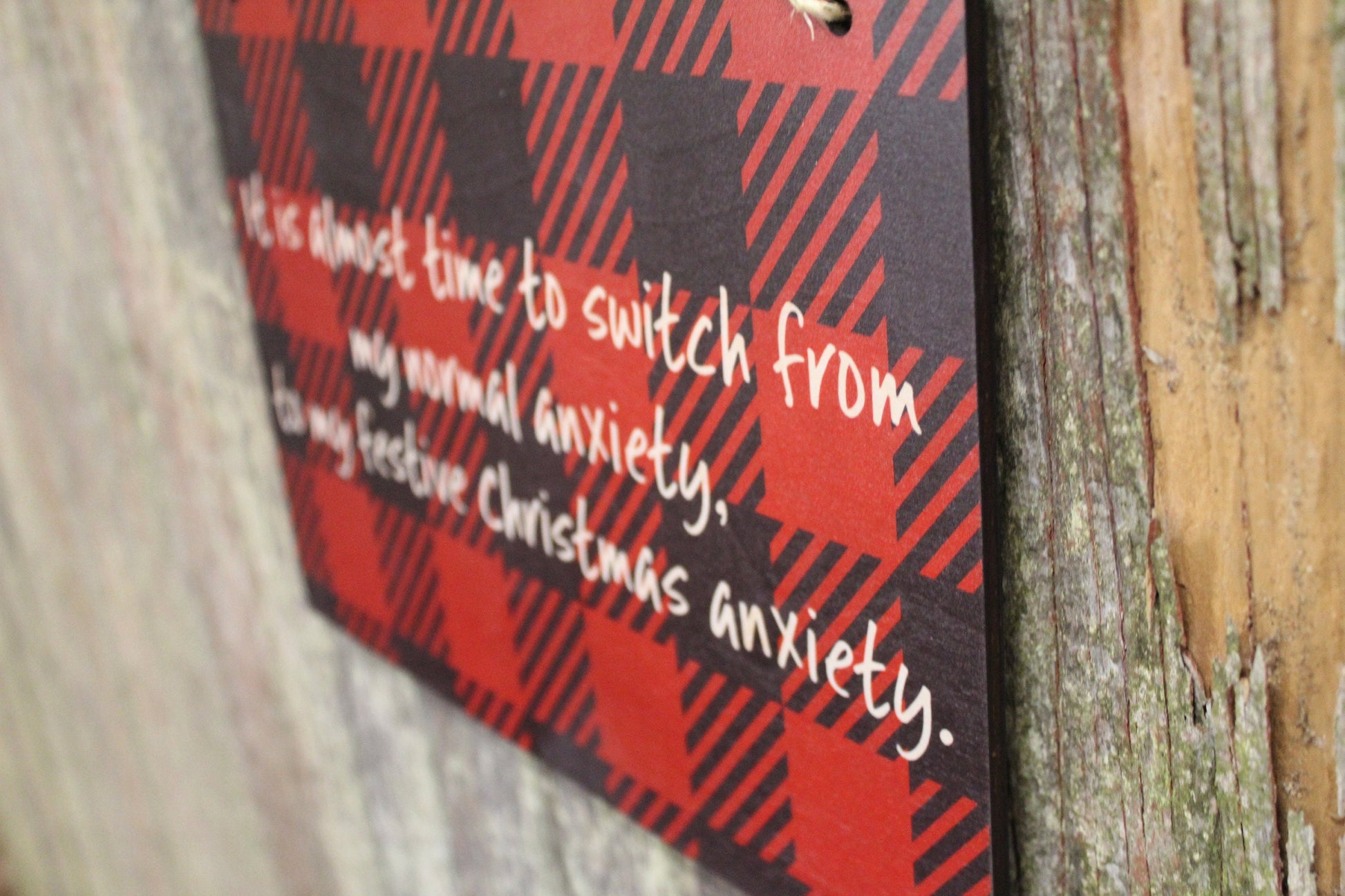 Christmas Anxiety Sign Funny Festive Hostess Gift Buffalo Plaid Rustic Wooden Wall Decor Art Plaque Wood Print