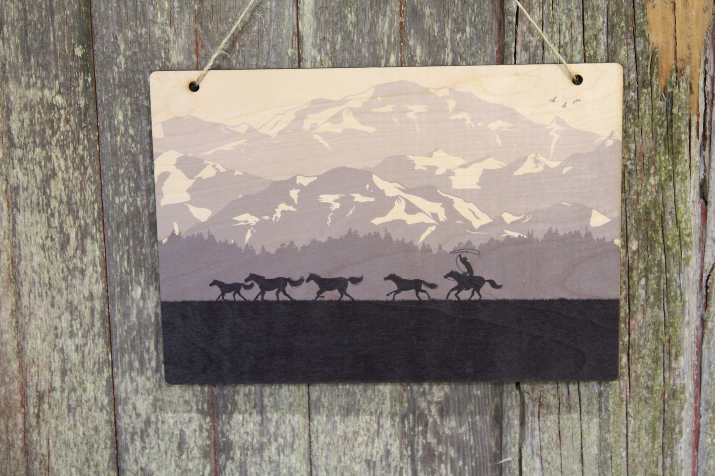 Wild Horses Running Mountain Range Snow Cap Silhouette Grays Monotone Western Equestrian Rustic Wooden Wall Decor Art Wood Print