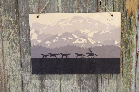 Wild Horses Running Mountain Range Snow Cap Silhouette Grays Monotone Western Equestrian Rustic Wooden Wall Decor Art Wood Print