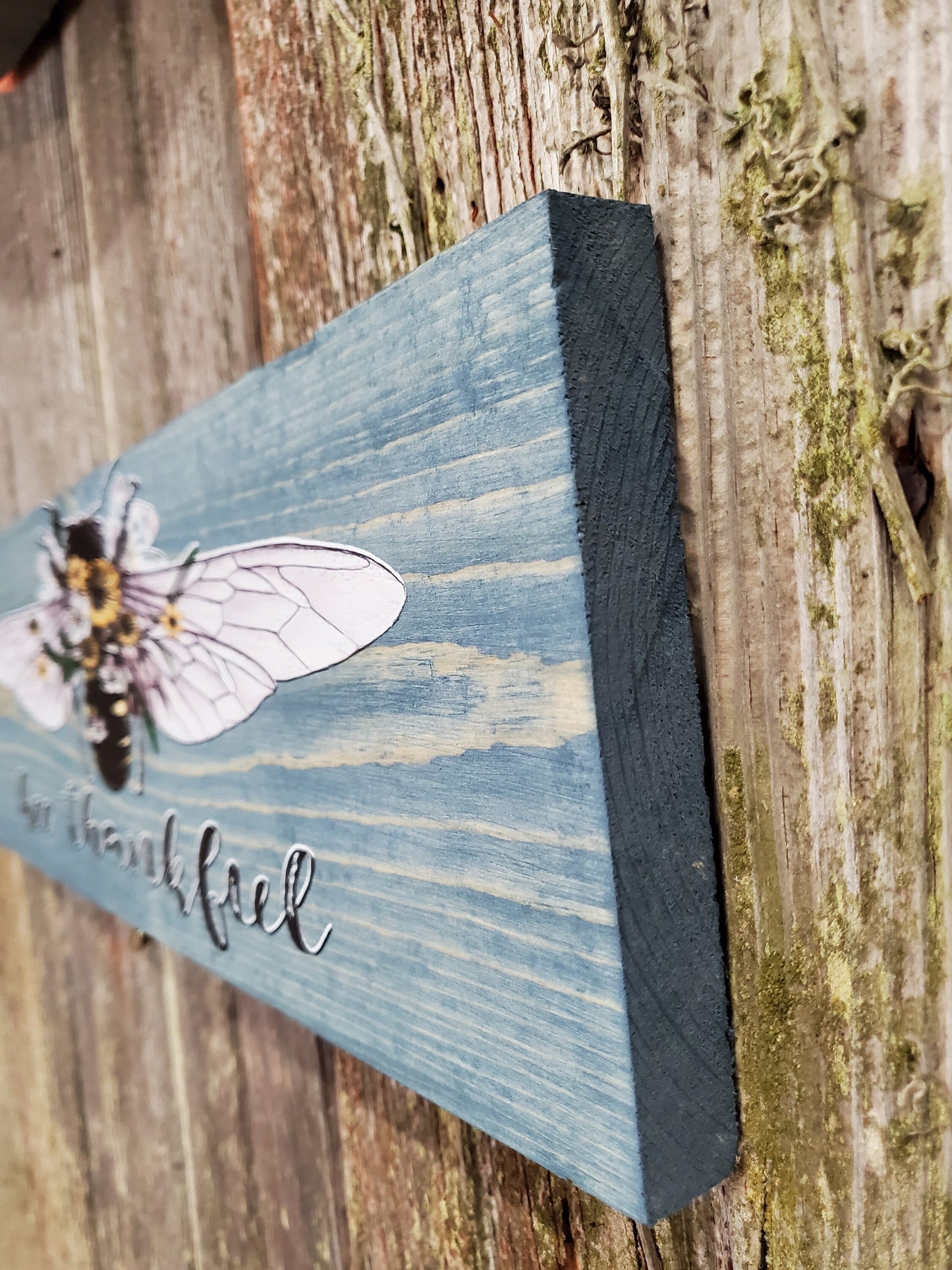 Bee Thankful Wall Sign Floral Flowers Be Thankful Bubble Bee Plaque Garden Thanksgiving Decor Wall Art Color Wood Print