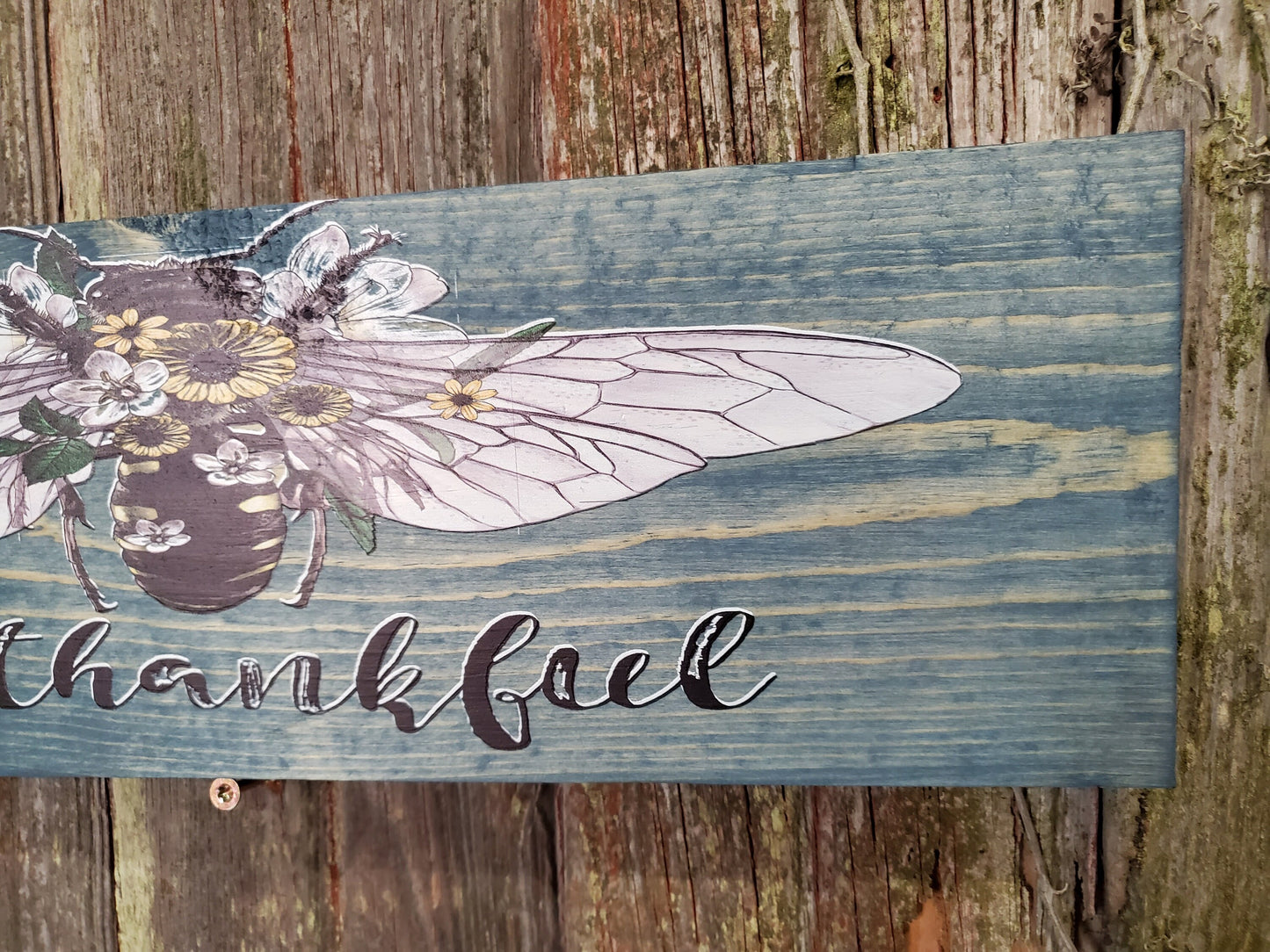 Bee Thankful Wall Sign Floral Flowers Be Thankful Bubble Bee Plaque Garden Thanksgiving Decor Wall Art Color Wood Print