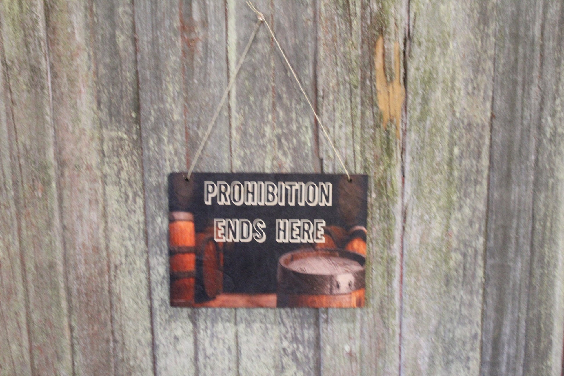Bar Sign Prohibition Ends Here Liquor Drinking Man Cave Wine Barrel Humor Rustic Wooden Wall Decor Wood Print
