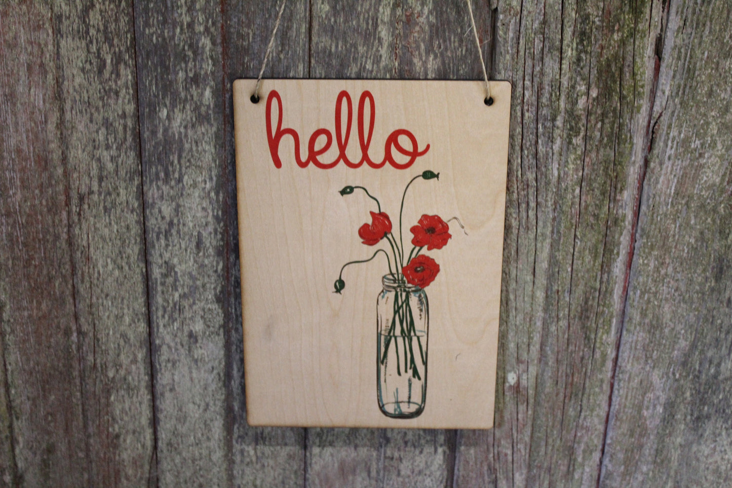 Hello Sign Poppy Flowers Mason Jar Red Poppies Text Script Welcome Rustic Wall Décor Wood Print Entry Way Front Door