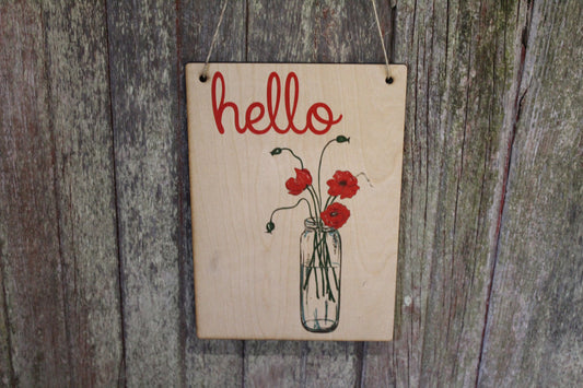 Hello Sign Poppy Flowers Mason Jar Red Poppies Text Script Welcome Rustic Wall Décor Wood Print Entry Way Front Door