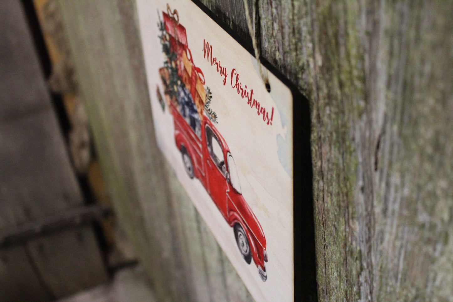 Vintage Red Truck Sign Retro Merry Christmas Tree Carrying the Presents Wall Décor Wood Print Entry Way Front Door