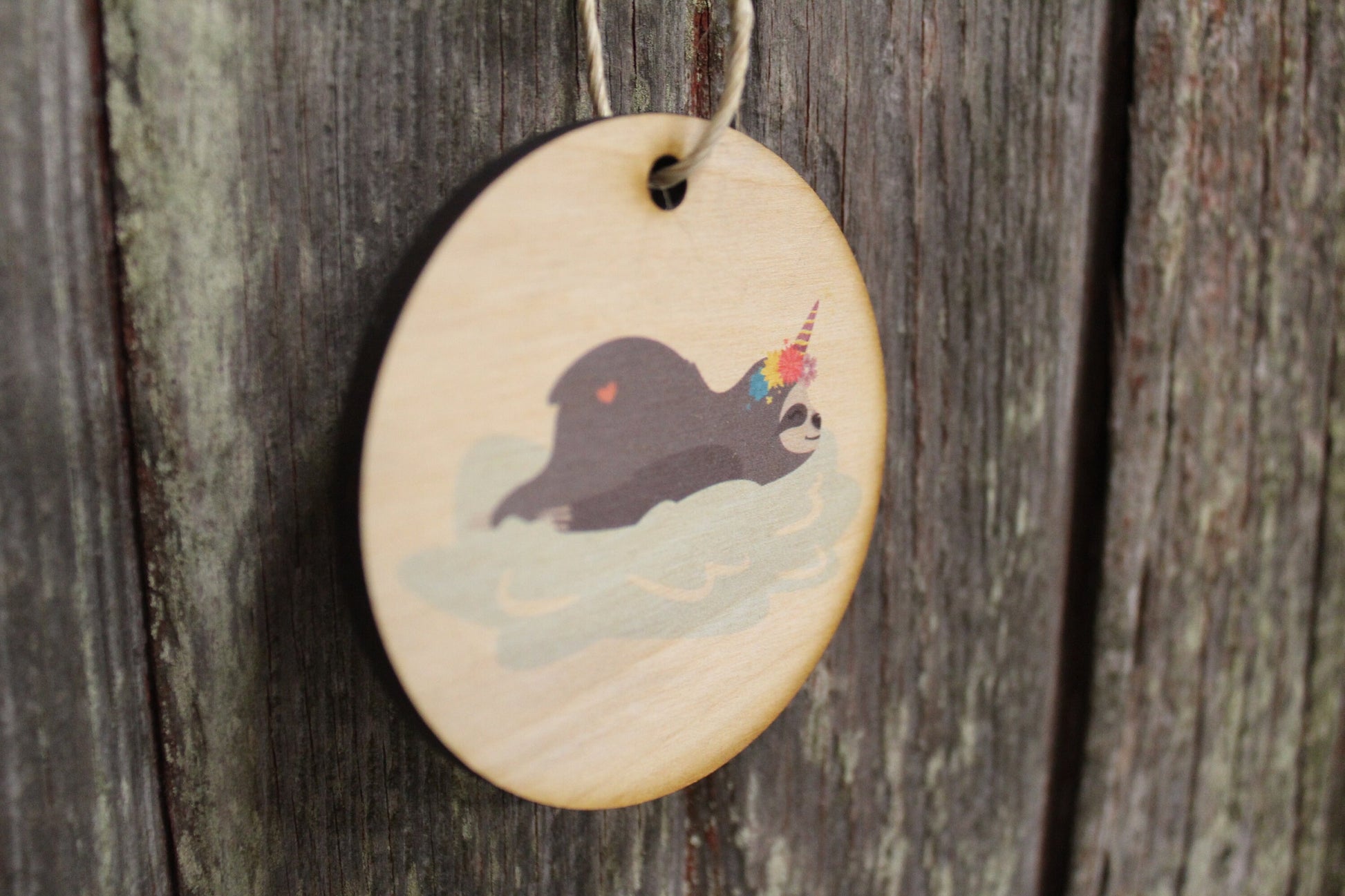 Sloth Slothicorn Unicorn Sleepy Rainbow Cloud Wood Circle Hanger Sign Ornament Keychain Gift Cute Unique