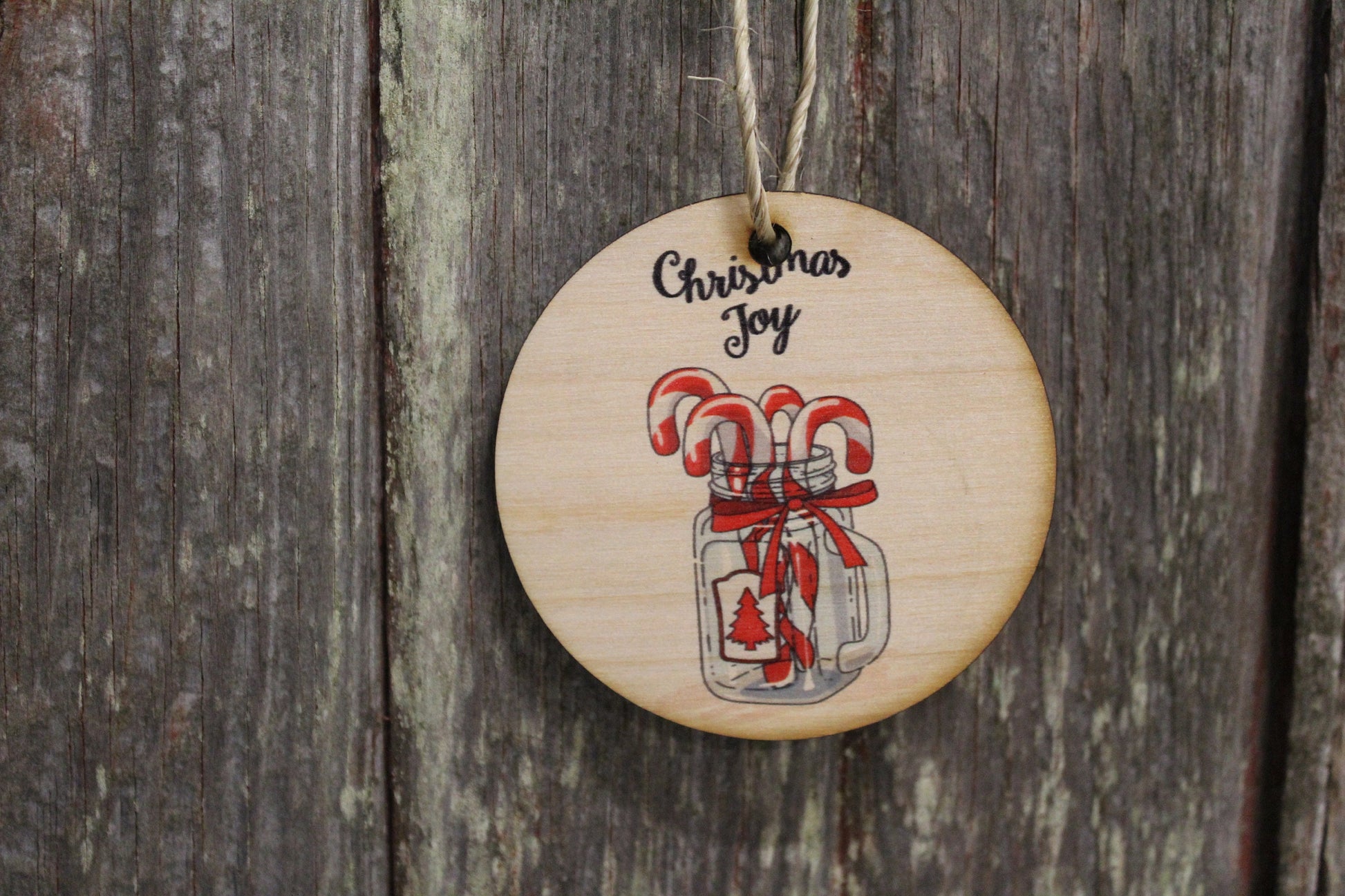 Candy Cane Christmas Decoration Mason Jar Winter Joy Red Keychain Décor Wood Circle Sign Gift Cute