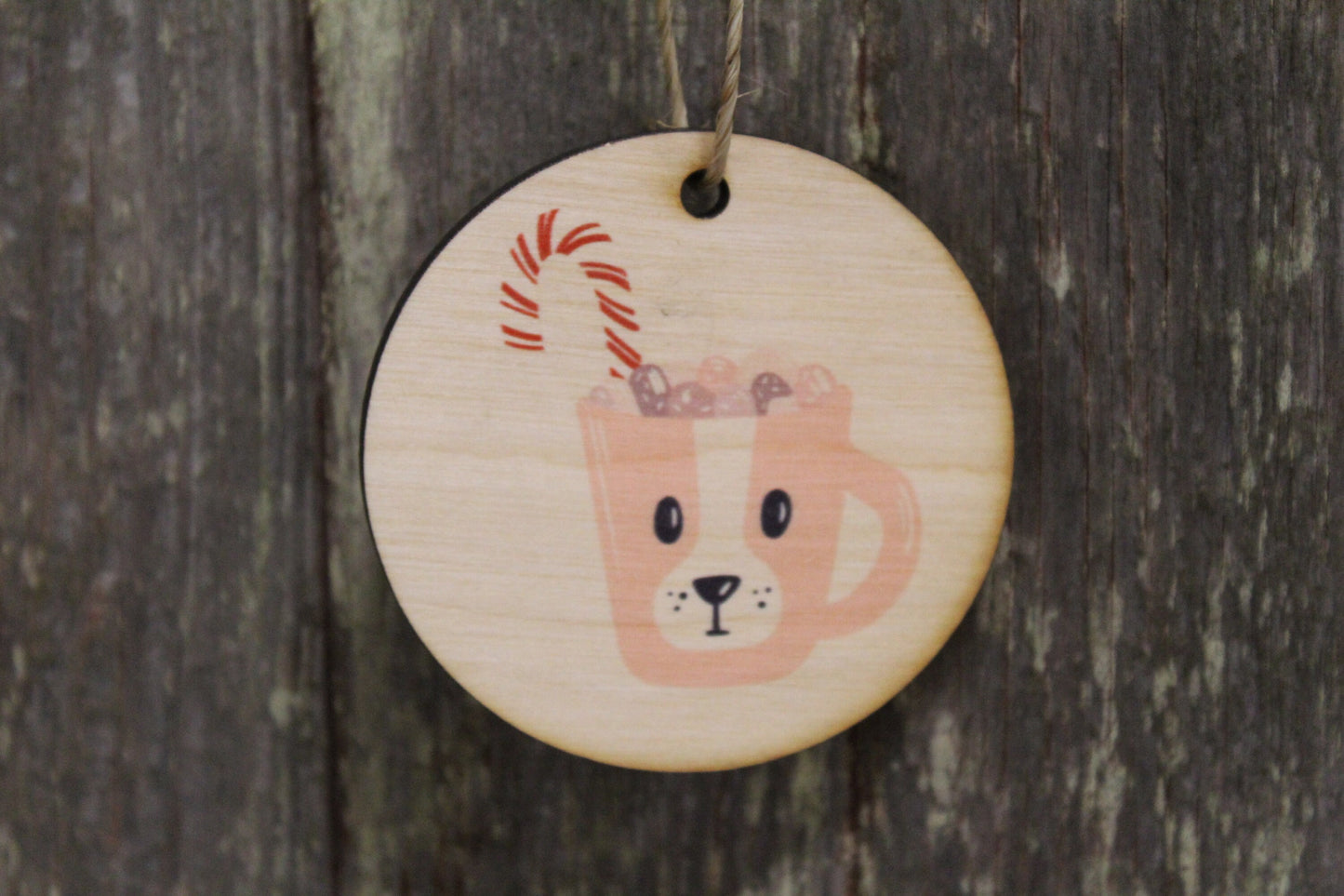 Hot Coco Mug Candy Cane Chocolate Dog Face Keychain Christmas Decoration Décor Wood Circle Sign Gift Cute