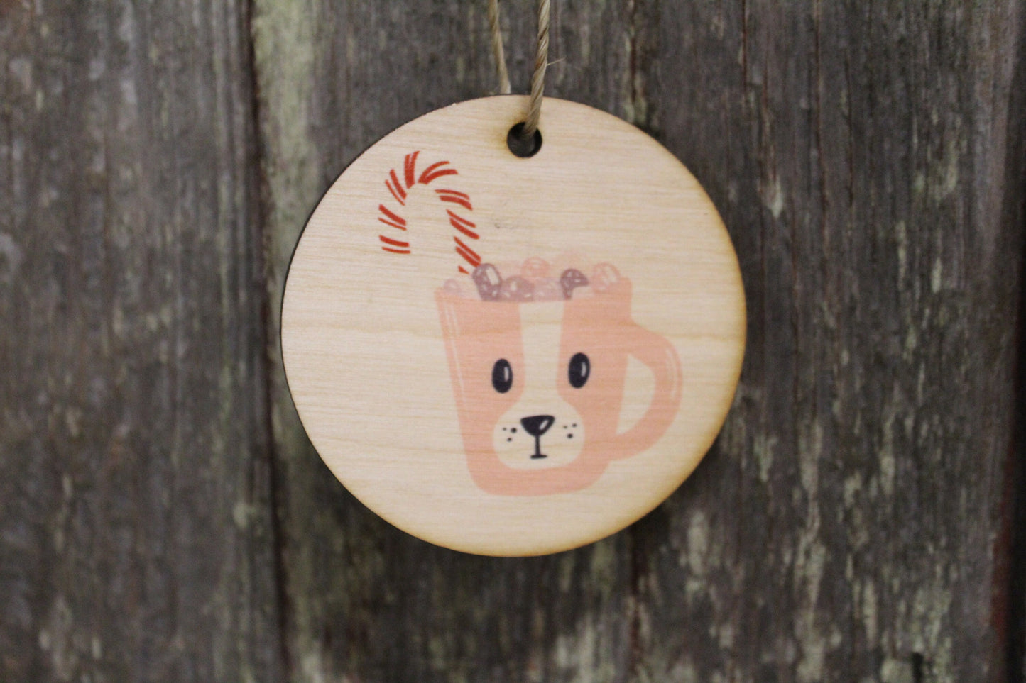 Hot Coco Mug Candy Cane Chocolate Dog Face Keychain Christmas Decoration Décor Wood Circle Sign Gift Cute