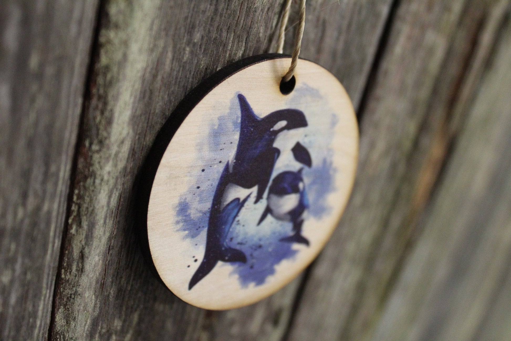 Killer Whale Watercolor Mommy Calf Baby Ornament Orca Whales Keychain Ocean Decoration Décor Wood Circle Sign Gift Cute