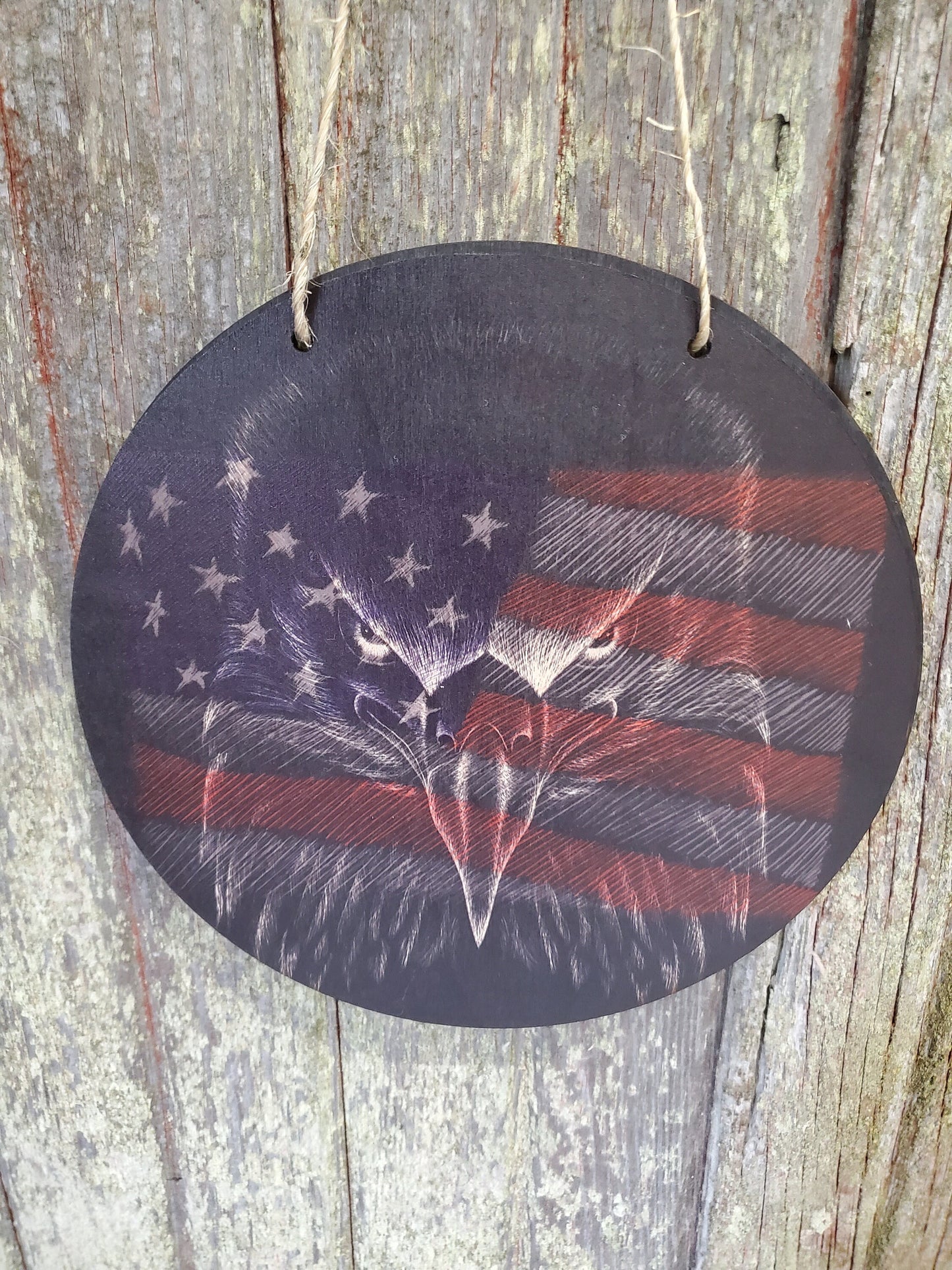 American Eagle American Flag Face Image Military Wood Door Hanger Round Front Door Entry Way Decor Plaque Wall Art Wood Print