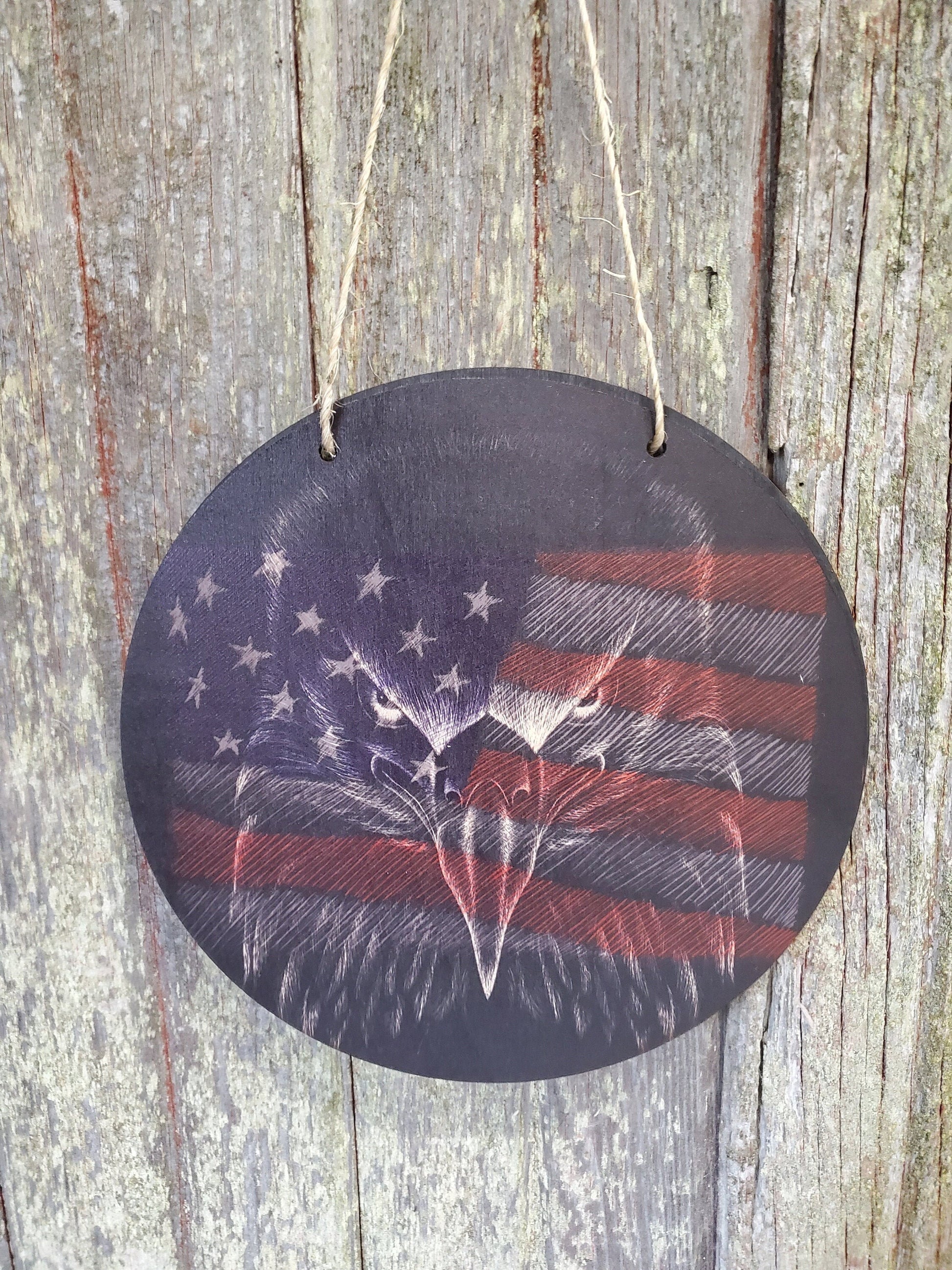 American Eagle American Flag Face Image Military Wood Door Hanger Round Front Door Entry Way Decor Plaque Wall Art Wood Print
