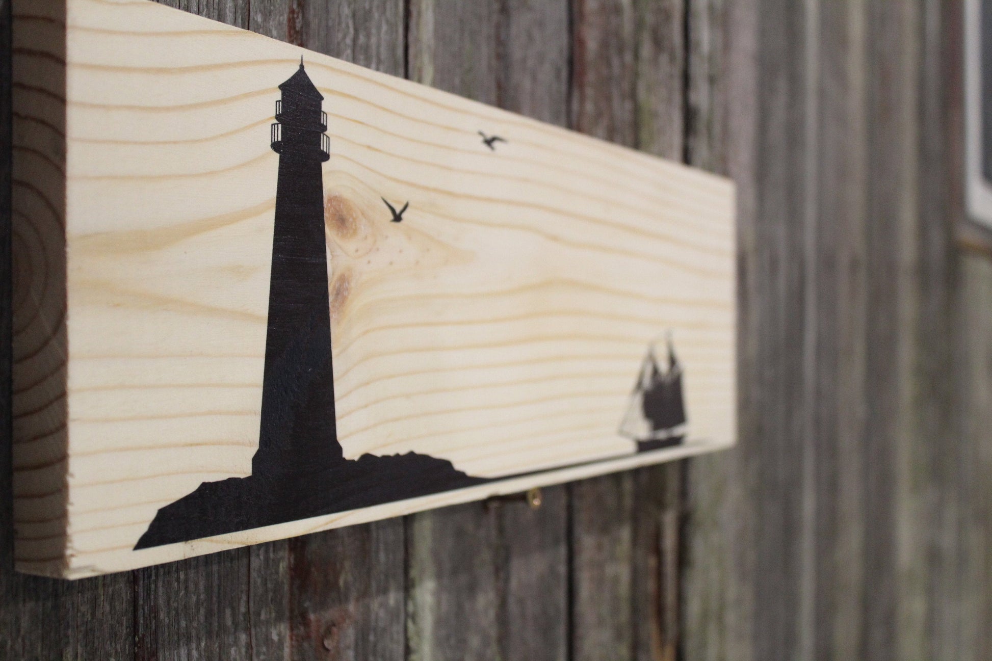 Light House Sail Boat Sign Wall Hanging Silhouette Simple Clean Beach Ocean Rustic Seagulls Sitter Decoration Nautical Wood Print