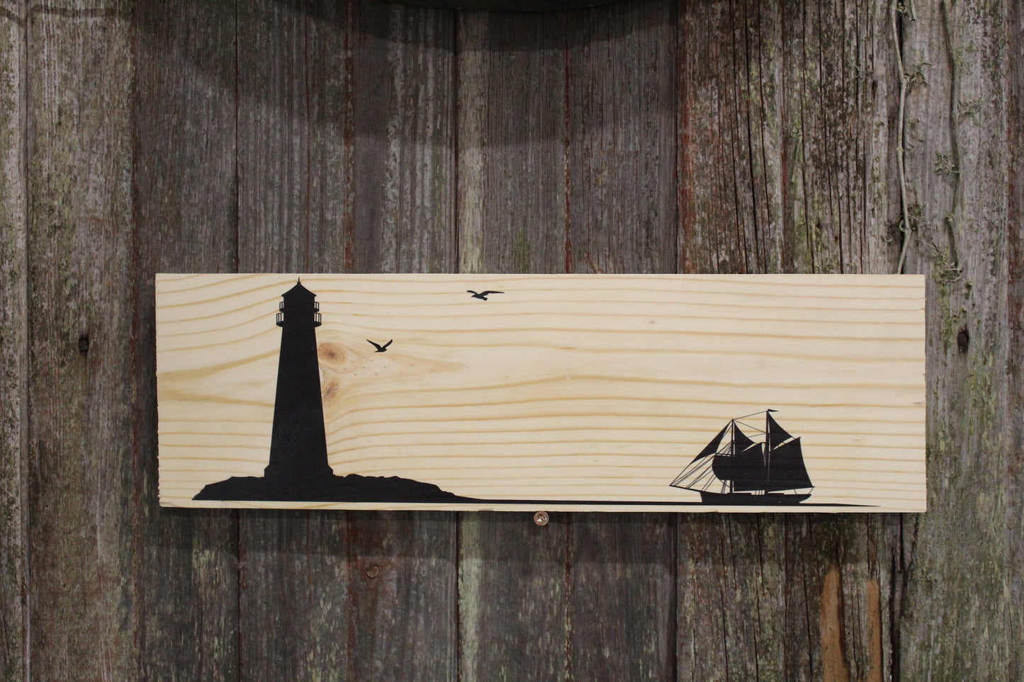 Light House Sail Boat Sign Wall Hanging Silhouette Simple Clean Beach Ocean Rustic Seagulls Sitter Decoration Nautical Wood Print