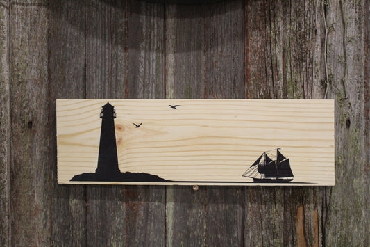 Light House Sail Boat Sign Wall Hanging Silhouette Simple Clean Beach Ocean Rustic Seagulls Sitter Decoration Nautical Wood Print