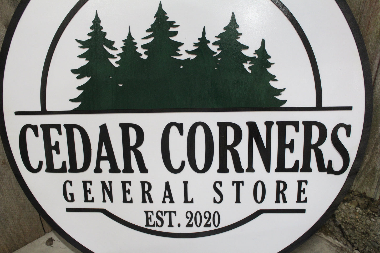 General Store Sign Small Business Round Sign Raised Text Commercial Signage 3D Your Logo Extra Large Rings Established Pine Trees Custom