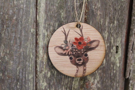 Christmas Deer Floral Wreath Headpiece Ornament Baby Fawn Winter Flowers Face Ears Spots Wall Hanging Tree Rustic Farmhouse Wood