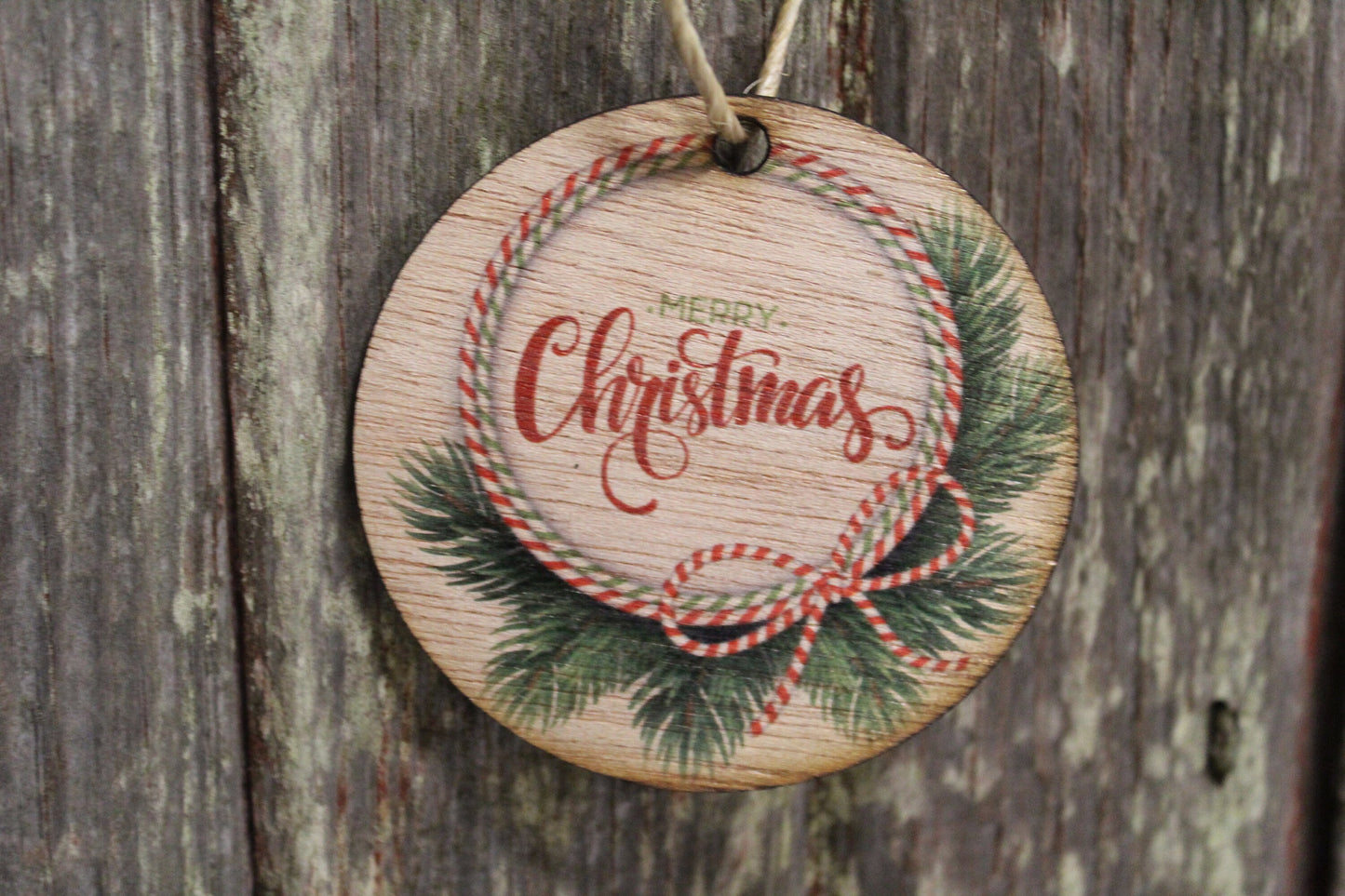 Ornament Merry Christmas Evergreen Wreath Red Green Pine Wood Wall Hanging Tree Rustic Farmhouse Wood Ribbon Script Text