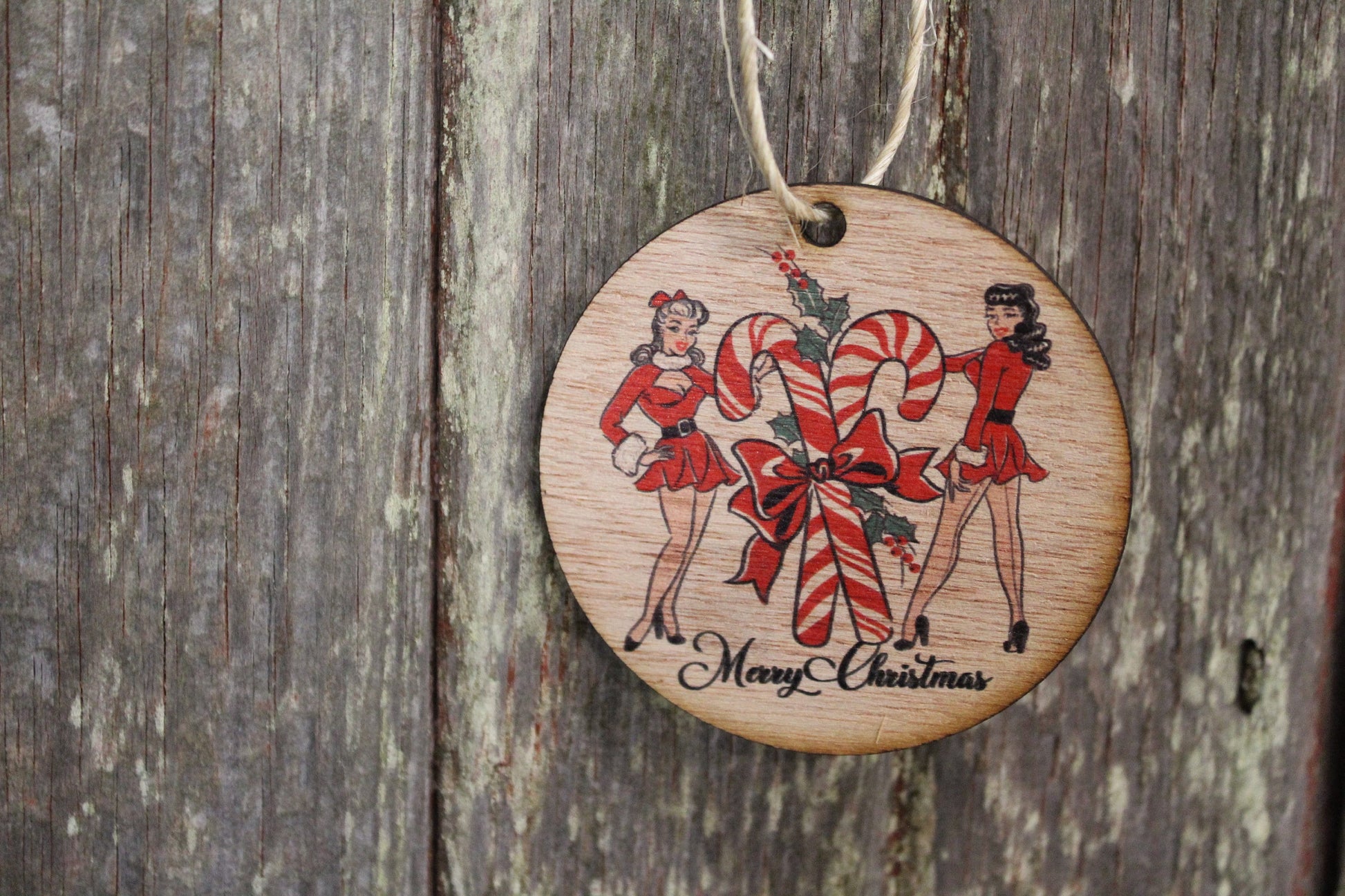 Ornament Retro Pin Up Girls Christmas Ladies Merry Christmas Script Text Candy Canes Wall Hanging Tree Rustic Farmhouse Wood
