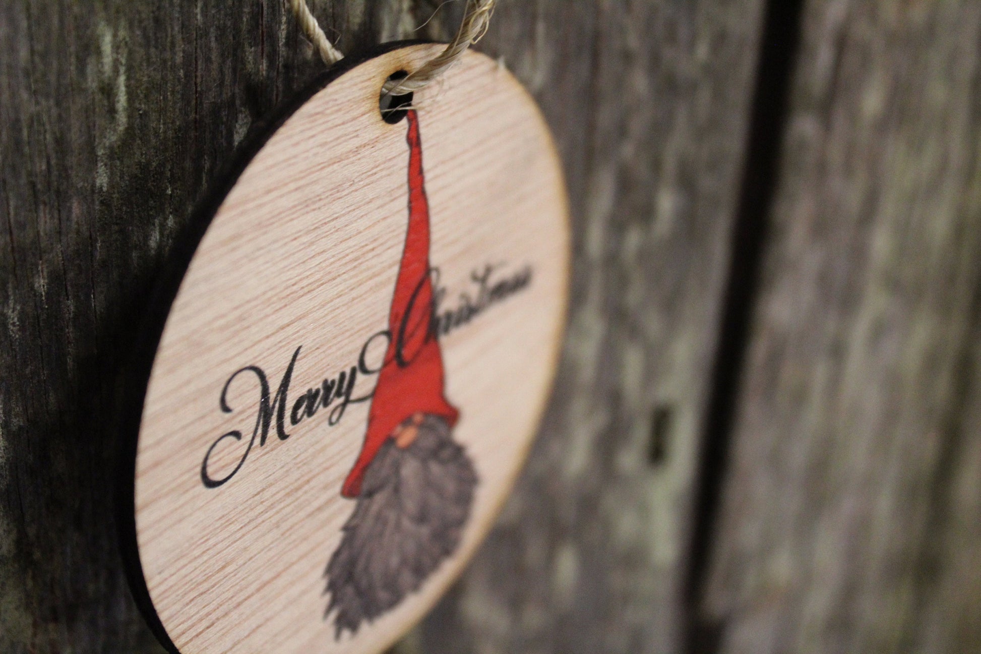 Ornament Gnome Merry Christmas Script Text Elf Decoration Hat Beard Wall Hanging Tree Rustic Farmhouse Wood