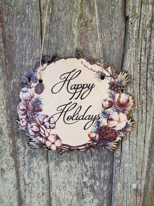 Winter Happy Holidays Wood Door Hanger Cut to Shape Cotton Pine Cones Floral Wreath Front Door Entry Way Decor Plaque Wall Art Wood Print