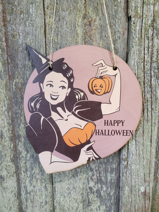 Vintage Witch Happy Halloween Retro Pin Up Girl Lady Wood Pumpkin Door Hanger Cut to Shape Front Door Entry Way Decor Plaque Wood Print