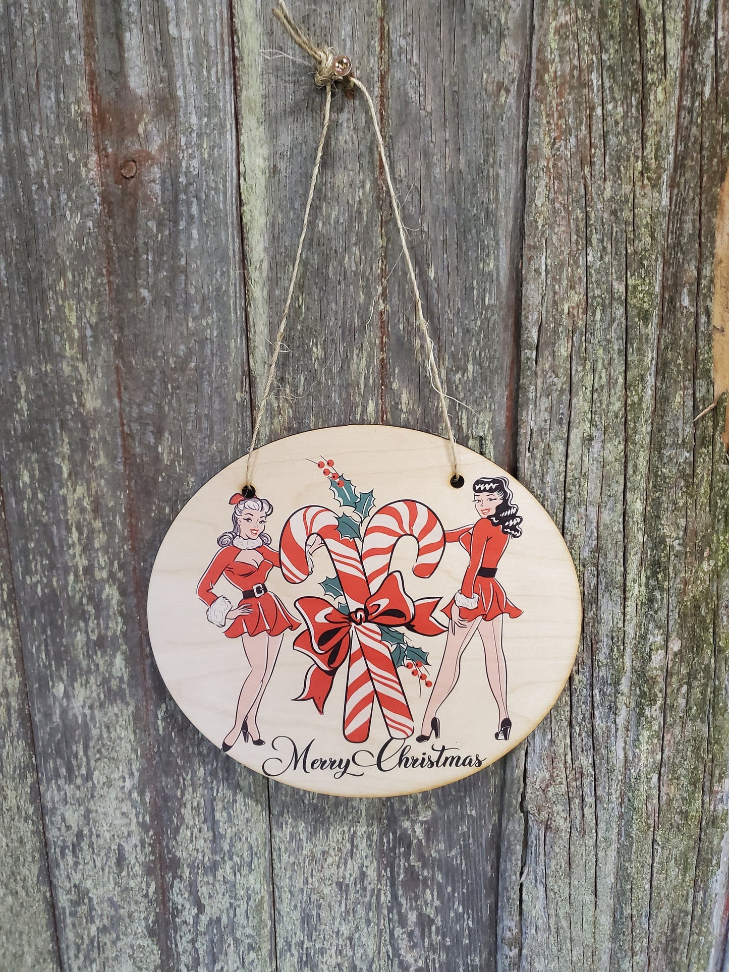 Vintage Pin Up Girls Merry Christmas Retro Lady Wood Candy Canes Door Hanger Front Door Entry Way Decor Plaque Wood Print
