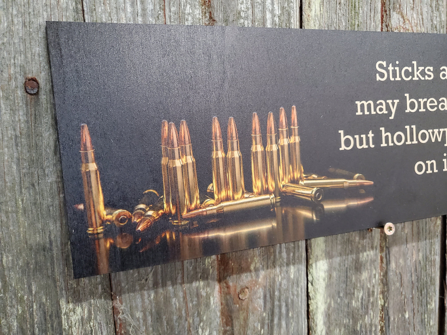 Gun Owner Warning Sign Sticks and Stones Ammo No Trespassing Wooden Front Door Entry Way Decor Plaque Wood Print