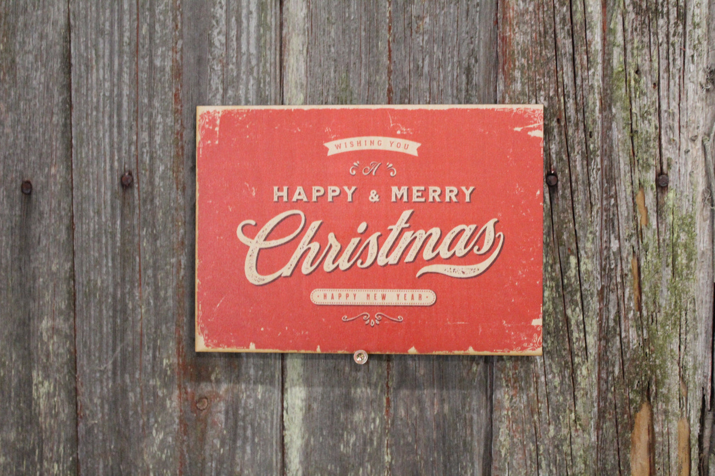 Happy and Merry Christmas Vintage Red Holidays Retro New Year Rustic Chic Boho Primitive Wooden Winter Decor Plaque Wood Print