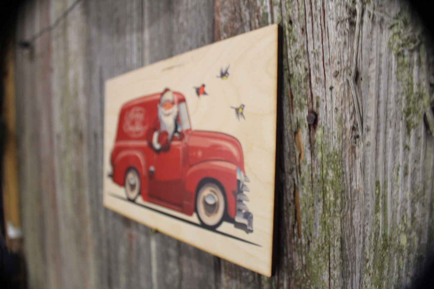 Santa in a Panel Truck Vintage Retro Merry Christmas Rustic Wooden Sign Wall Decor Art Plaque Wood Print