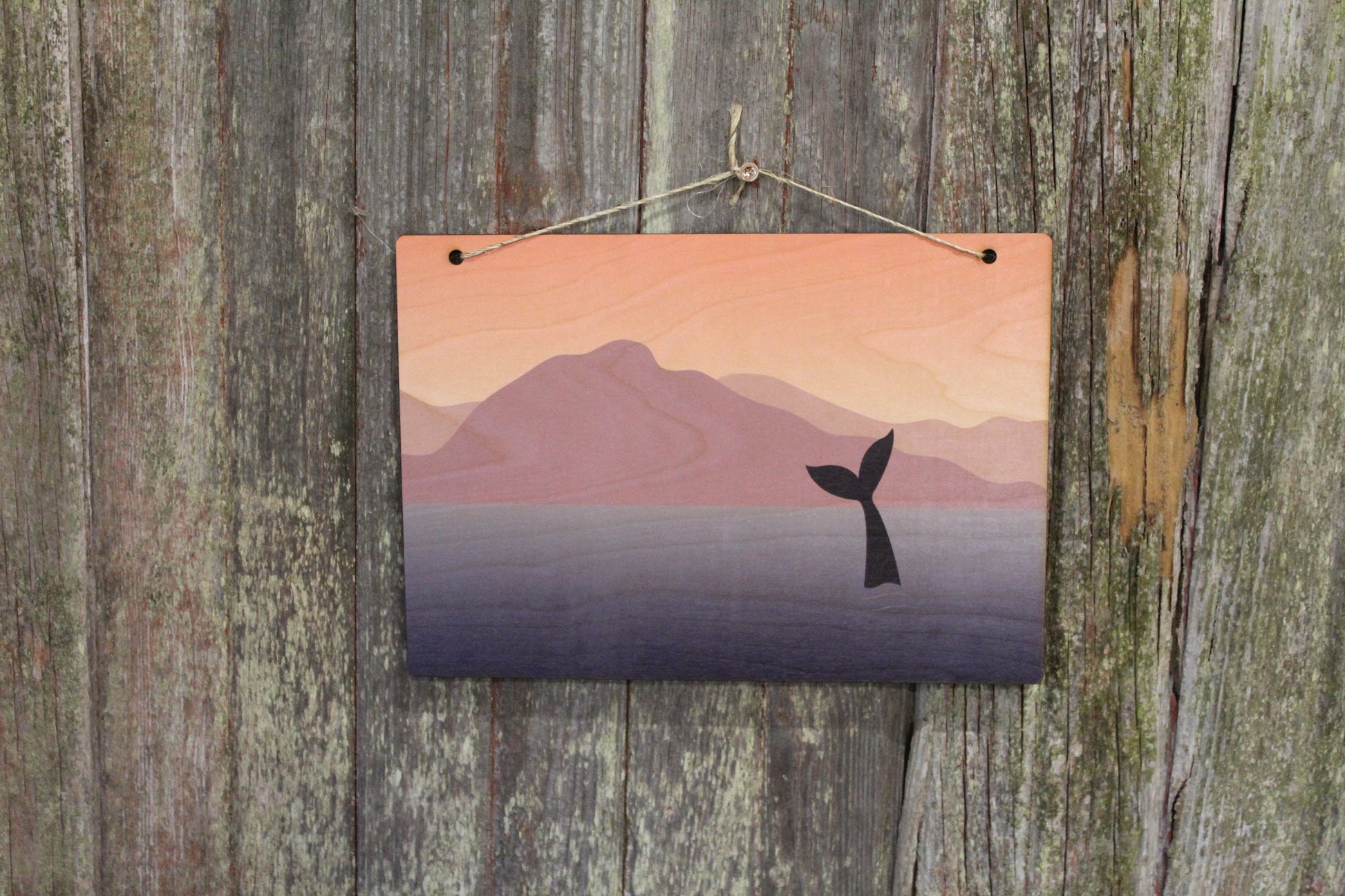 Whale Sign Ocean Mountain Range Whale Tail Fin Pastels Sunset Rustic Wooden Wall Decor Art Wood Print