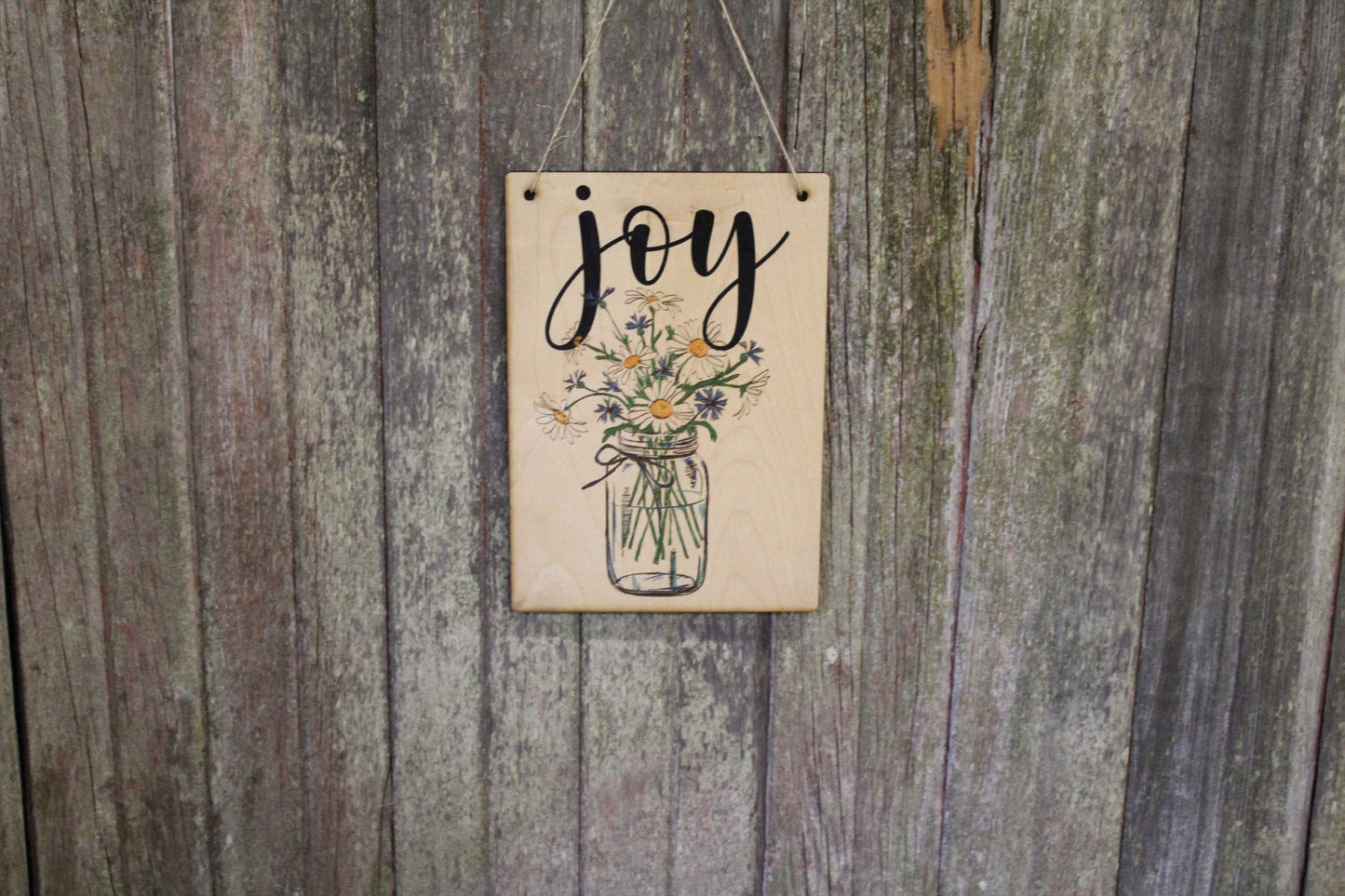 Joy Sign Spring Flowers Mason Jar White Daisies Text Script Encouragement Rustic Wall Décor Wood Print