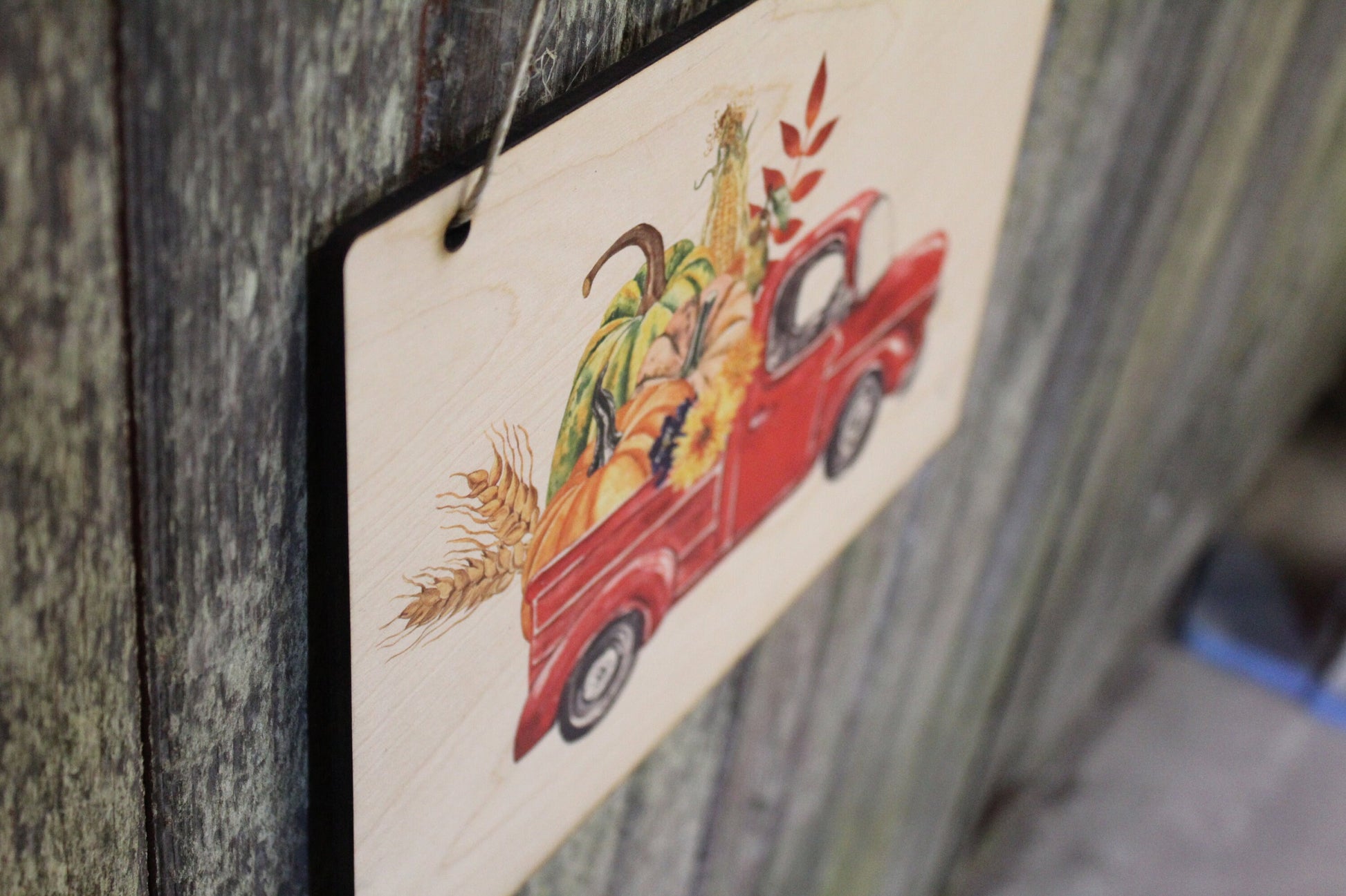 Vintage Red Truck Sign Retro Carrying the Harvest Fall Pumpkin Autumn Wheat Straw Corn Wall Décor Wood Print Entry Way Front Door