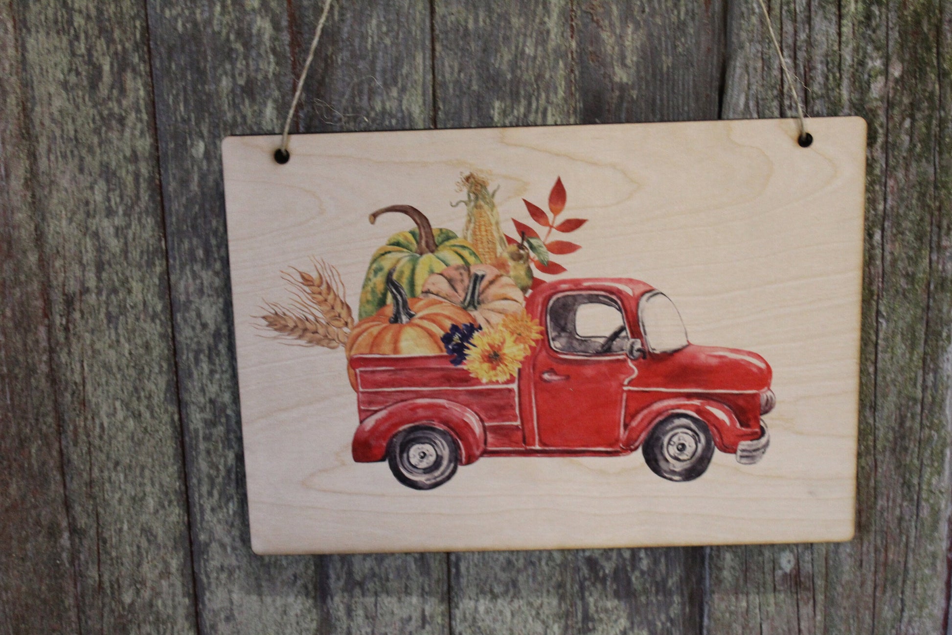 Vintage Red Truck Sign Retro Carrying the Harvest Fall Pumpkin Autumn Wheat Straw Corn Wall Décor Wood Print Entry Way Front Door