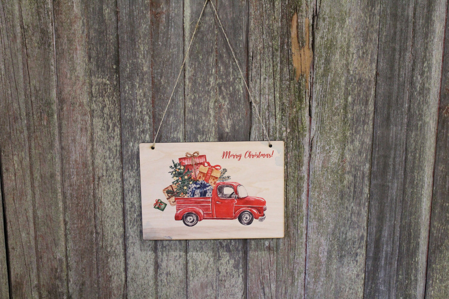 Vintage Red Truck Sign Retro Merry Christmas Tree Carrying the Presents Wall Décor Wood Print Entry Way Front Door