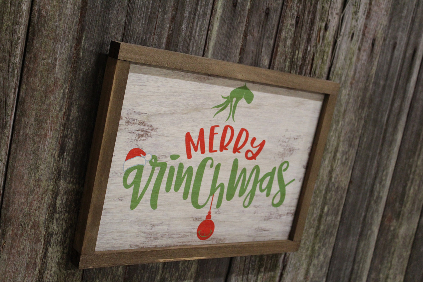 Merry Grouch mas Sign Mean One Wood Color Christmas Sign Santa Hand Ornament Framed Country Farmhouse Decoration Holiday Gift