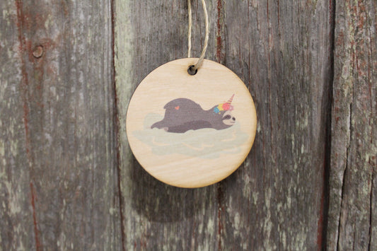 Sloth Slothicorn Unicorn Sleepy Rainbow Cloud Wood Circle Hanger Sign Ornament Keychain Gift Cute Unique