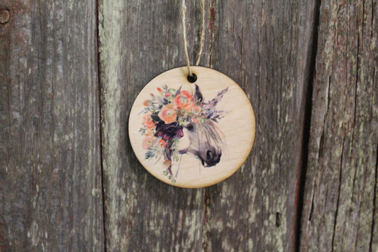 Unicorn with Floral Crown White Horse Flowers Stallion Ornament Keychain Décor Wood Circle Sign Gift Cute Unique