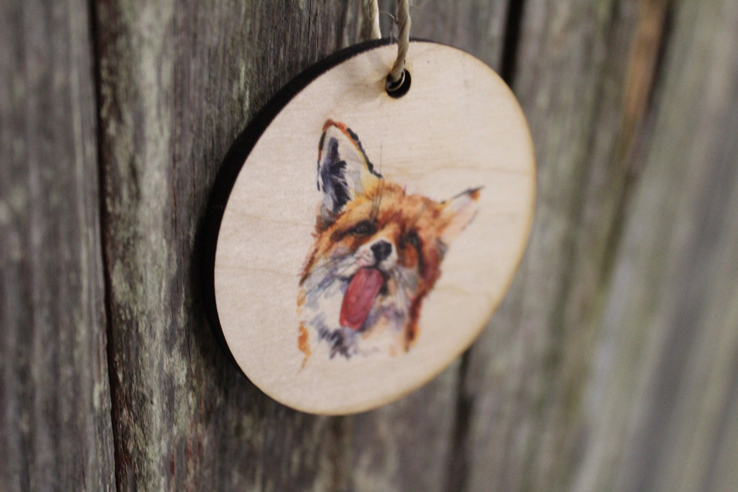 Fox Watercolor Licking Tongue Ornament Décor Red Kit Animal Wood Woodland Creature Circle Hanger Mischievous Sign Keychain Gift Cute