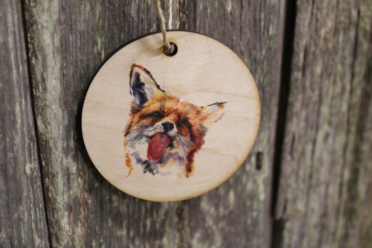 Fox Watercolor Licking Tongue Ornament Décor Red Kit Animal Wood Woodland Creature Circle Hanger Mischievous Sign Keychain Gift Cute