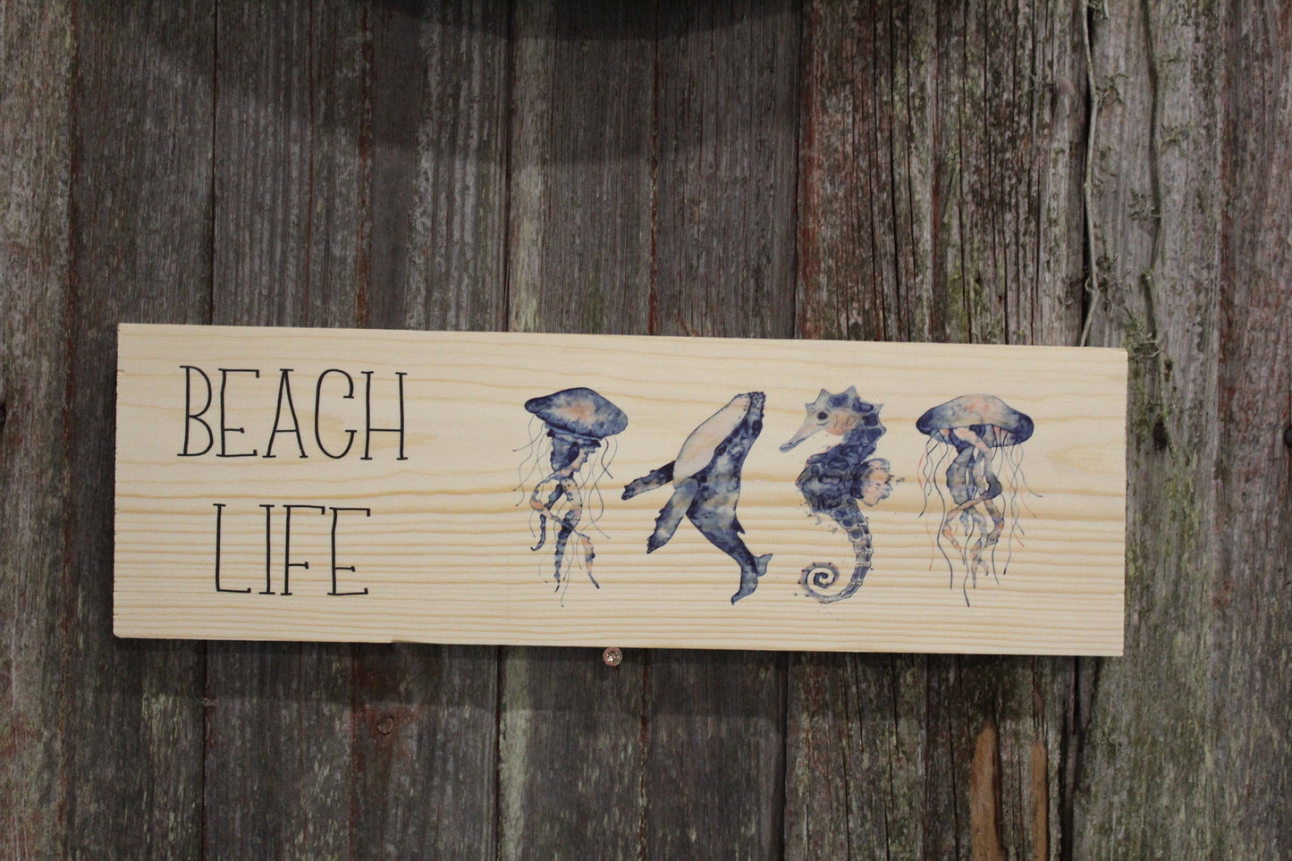 Beach Life Sign Ocean Animals Block Jelly Fish Whale Sea Horse Wall Hanging Watercolor Sitter Decoration Wood Print
