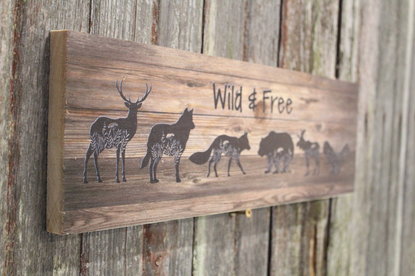Wild and Free Sign Deer Fox Wolf Bear Moose Owl Woodland Animals Block Creatures Brown Rustic Wall Hanging Sitter Decoration Wood Print